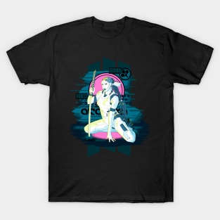 hot robot holding a katana, cyberpunk design. pink and blue. T-Shirt